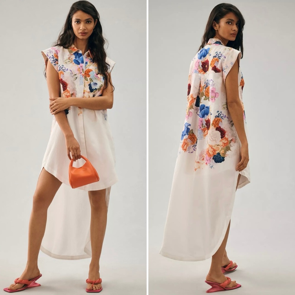 Maeve by Anthropologie Floral High-Low Button-Front Shirt Dress Sz Medium Petite